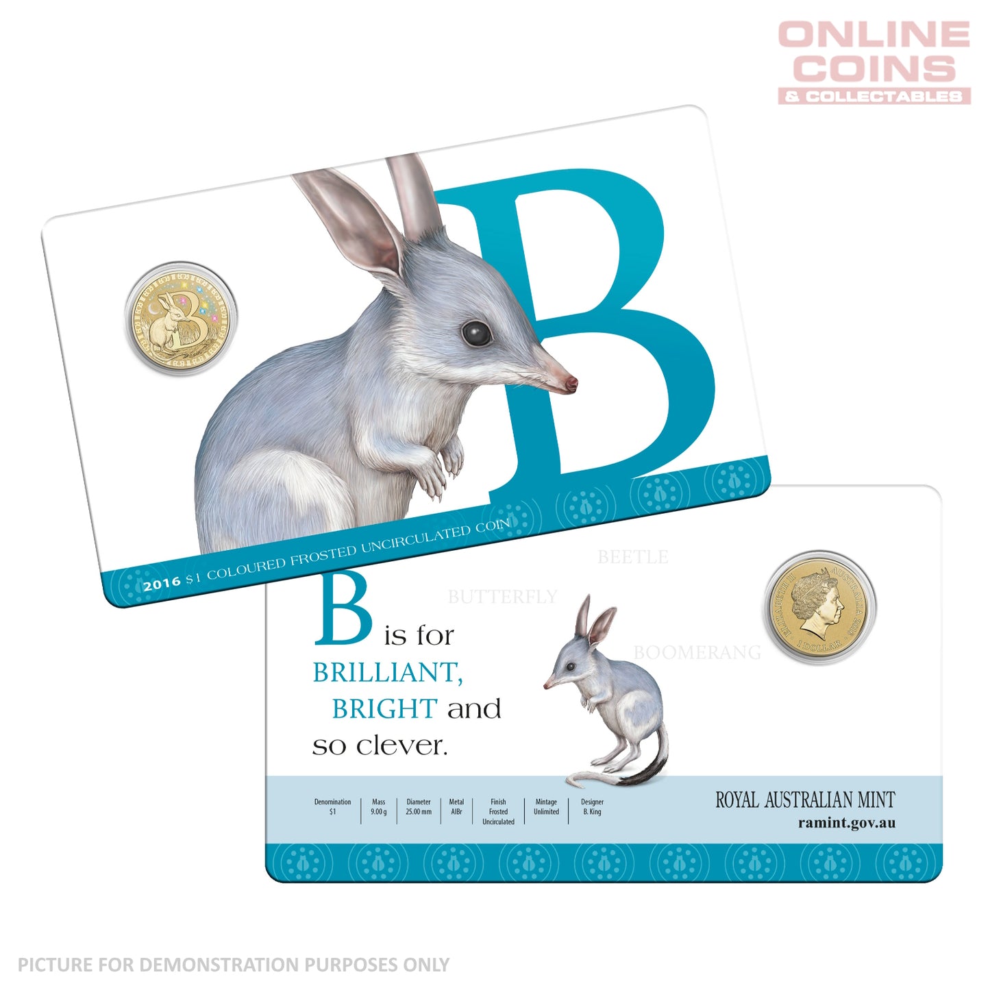 2016 $1 Coloured Alphabet Frosted Coin In Card - B for Bilby