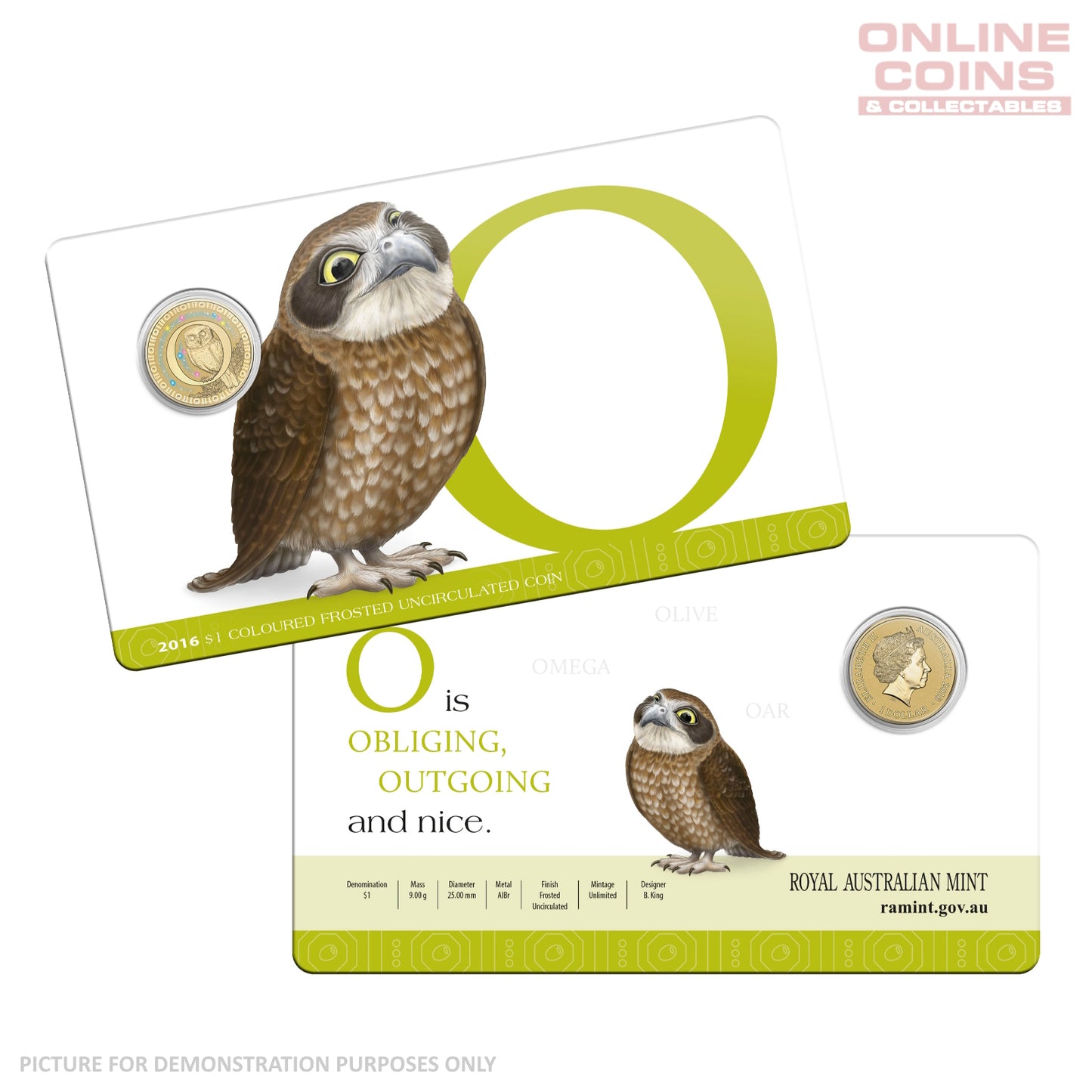 2016 $1 Coloured Alphabet Frosted Coin In Card - O for Owl