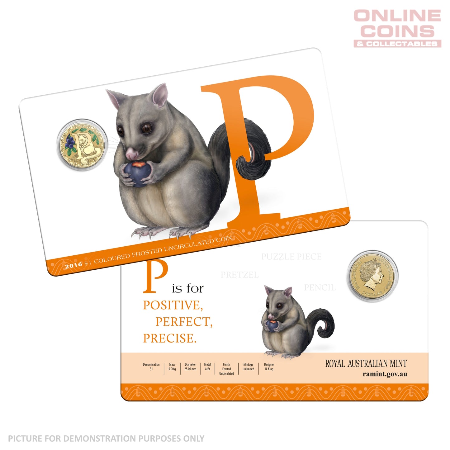 2016 $1 Coloured Alphabet Frosted Coin In Card - P for Possum