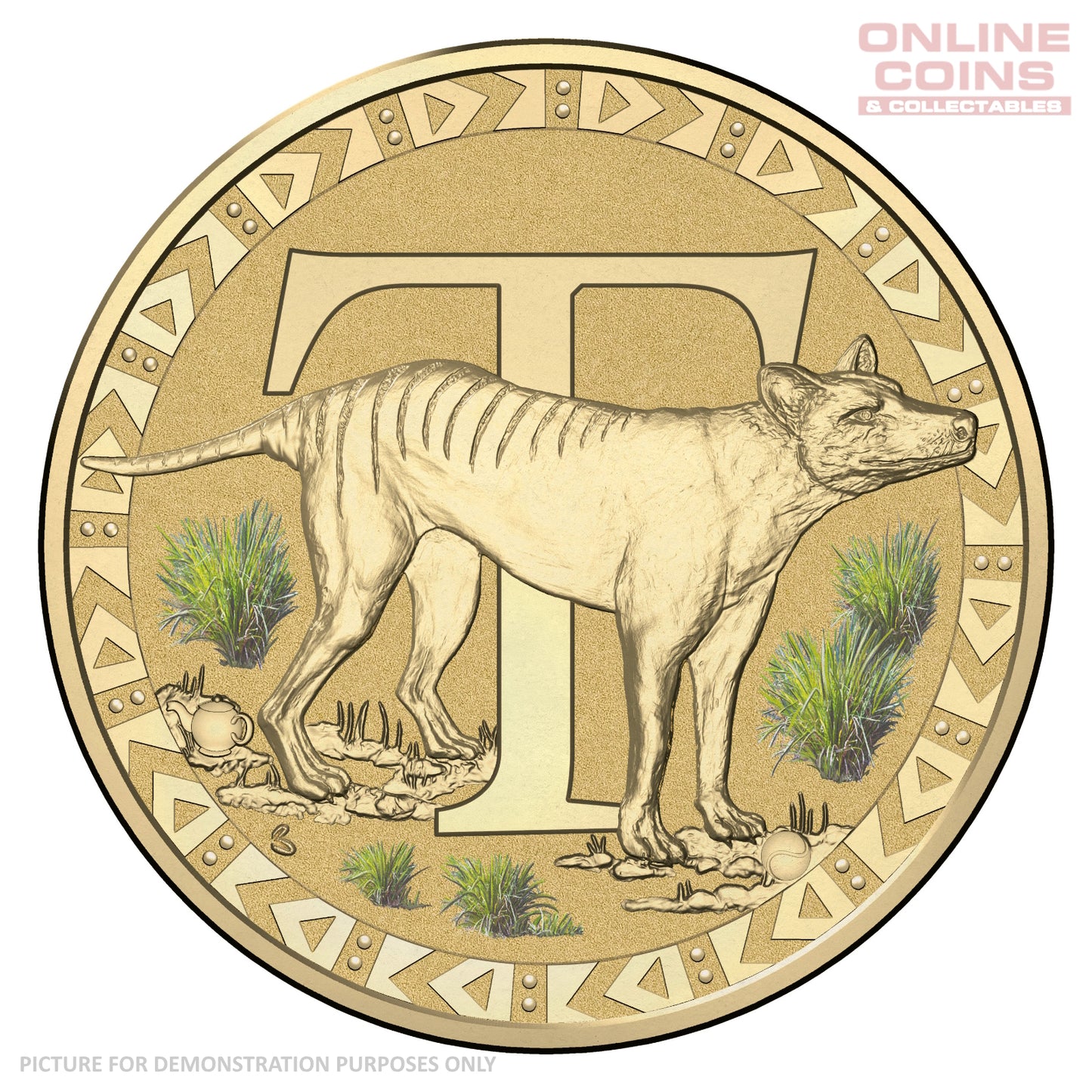 2016 $1 Coloured Alphabet Frosted Coin In Card - T for Tasmanian Tiger