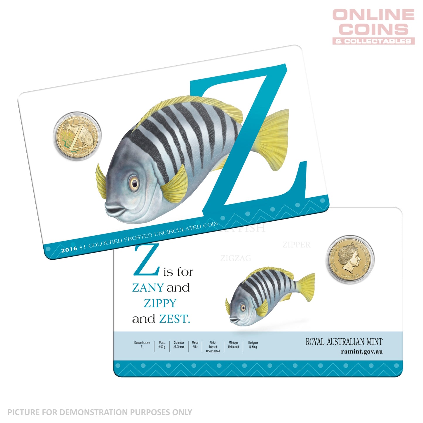 2016 $1 Coloured Alphabet Frosted Coin In Card - Z for Zebra Fish