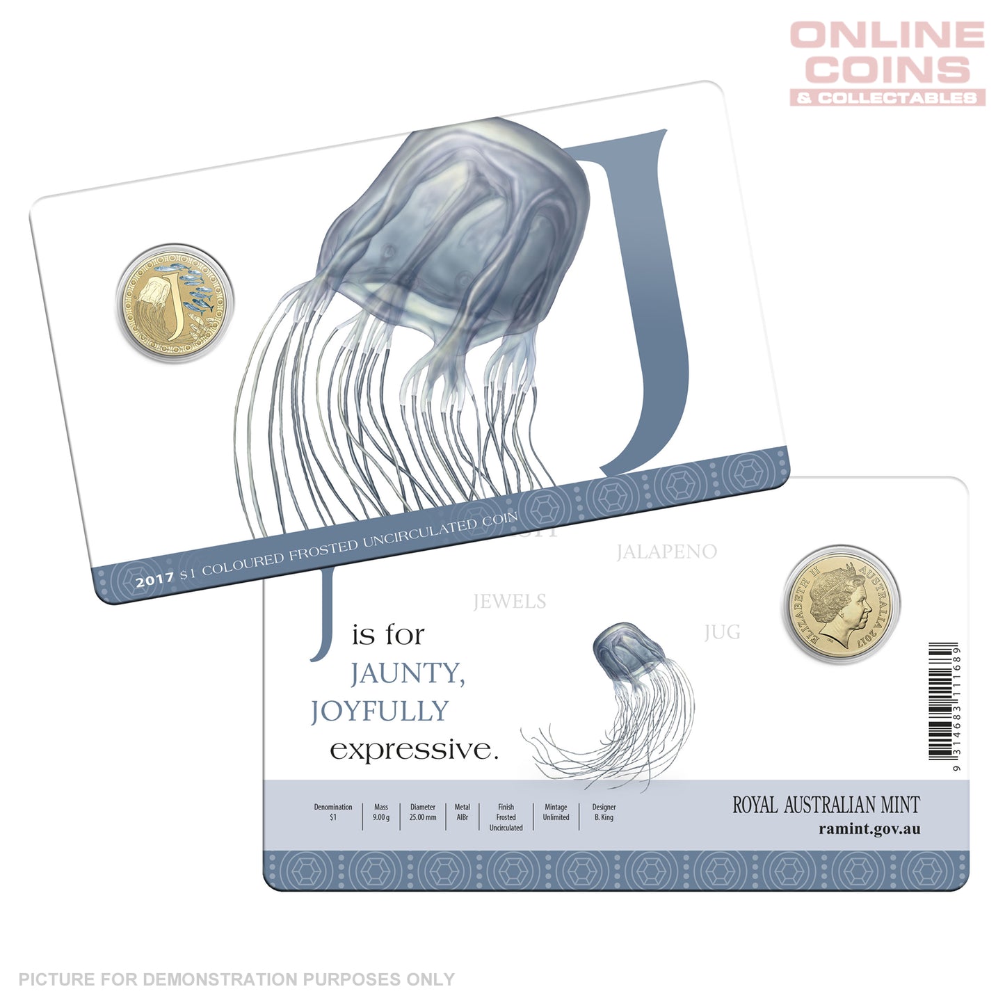 2017 $1 Coloured Alphabet Frosted Coin In Card - J For Jellyfish