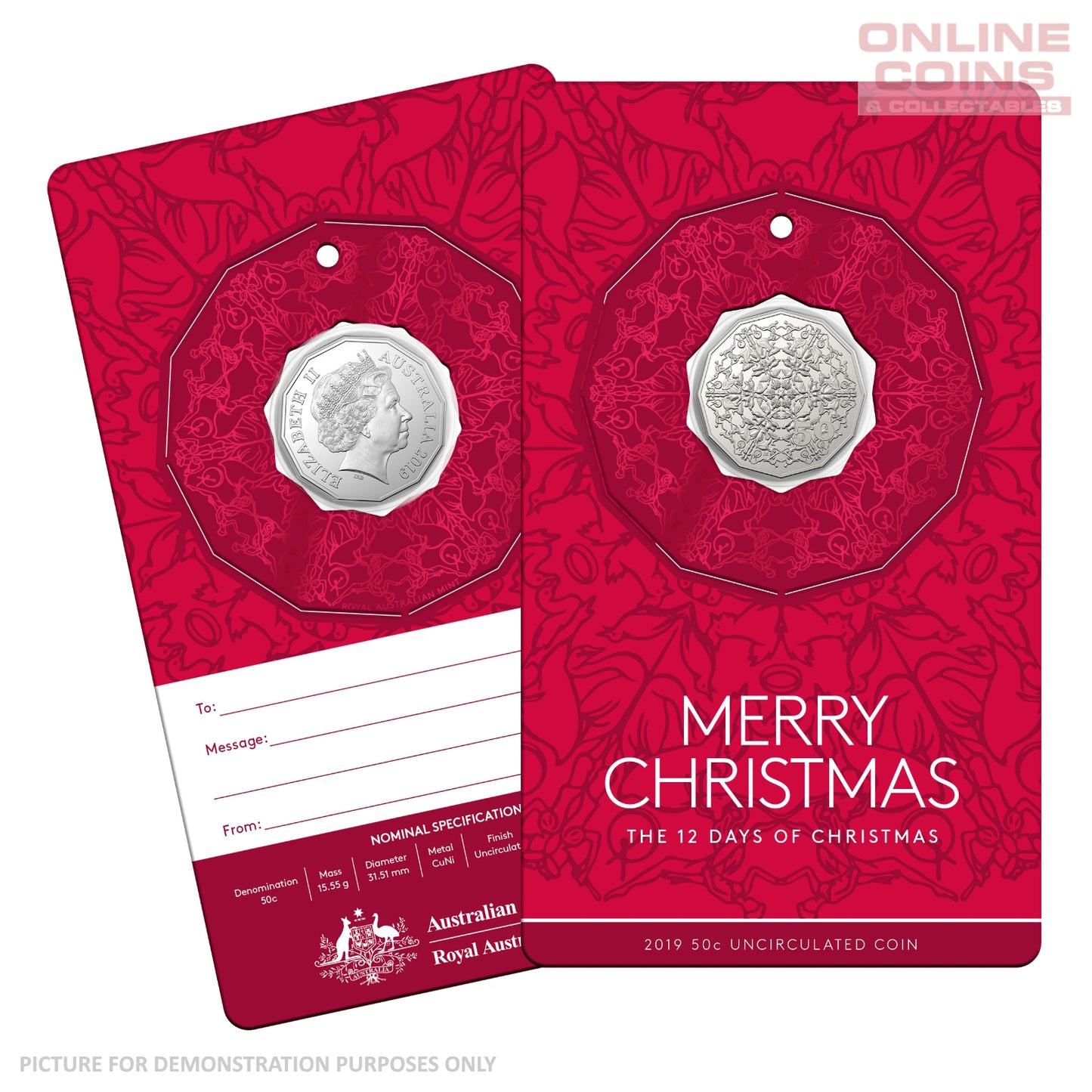 2019 50c CuNi Uncirculated Carded Coin - Christmas Red