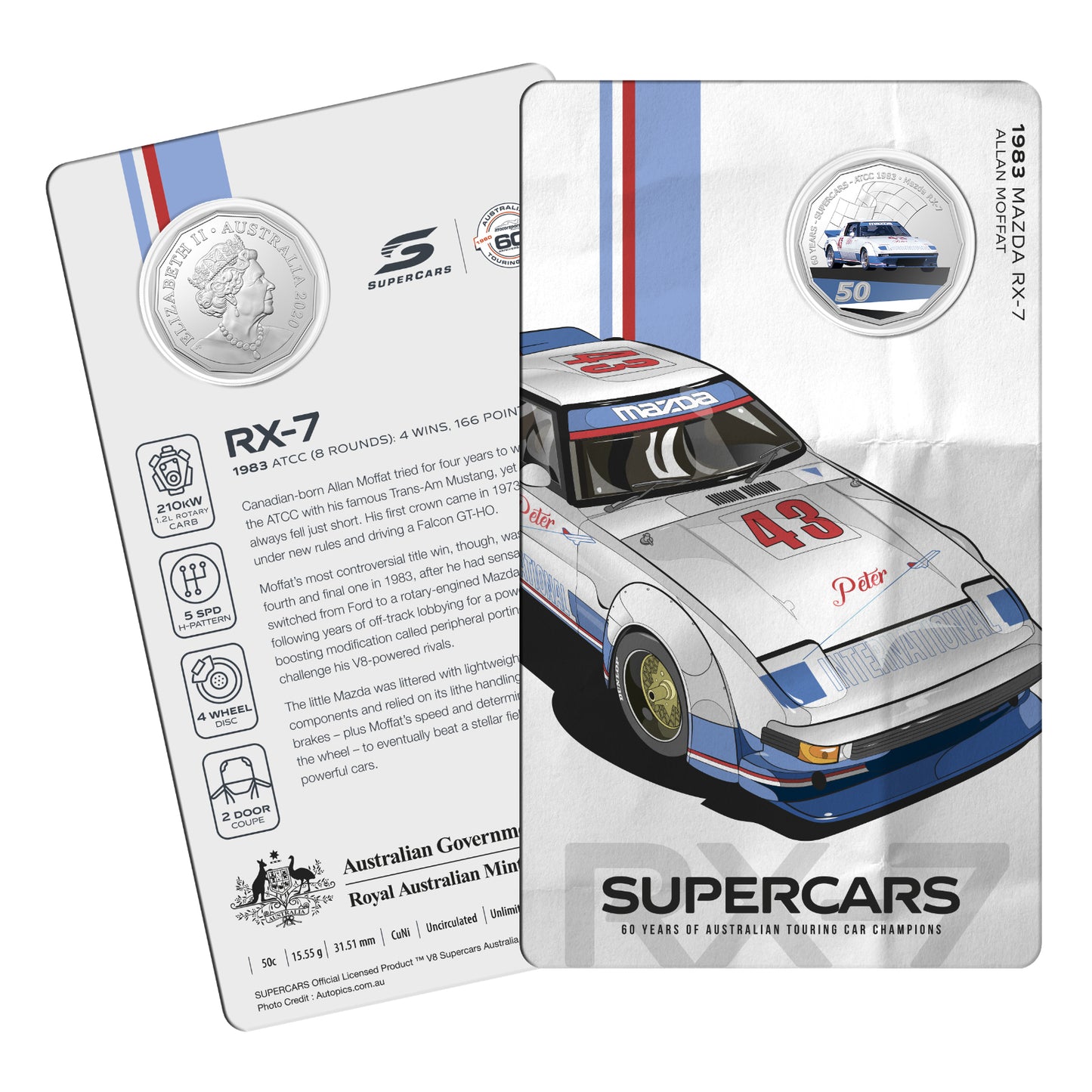 2020 50c CuNi Uncirculated Carded Coin - 60 Years of Supercar Champions Single Coins - Mazda RX7