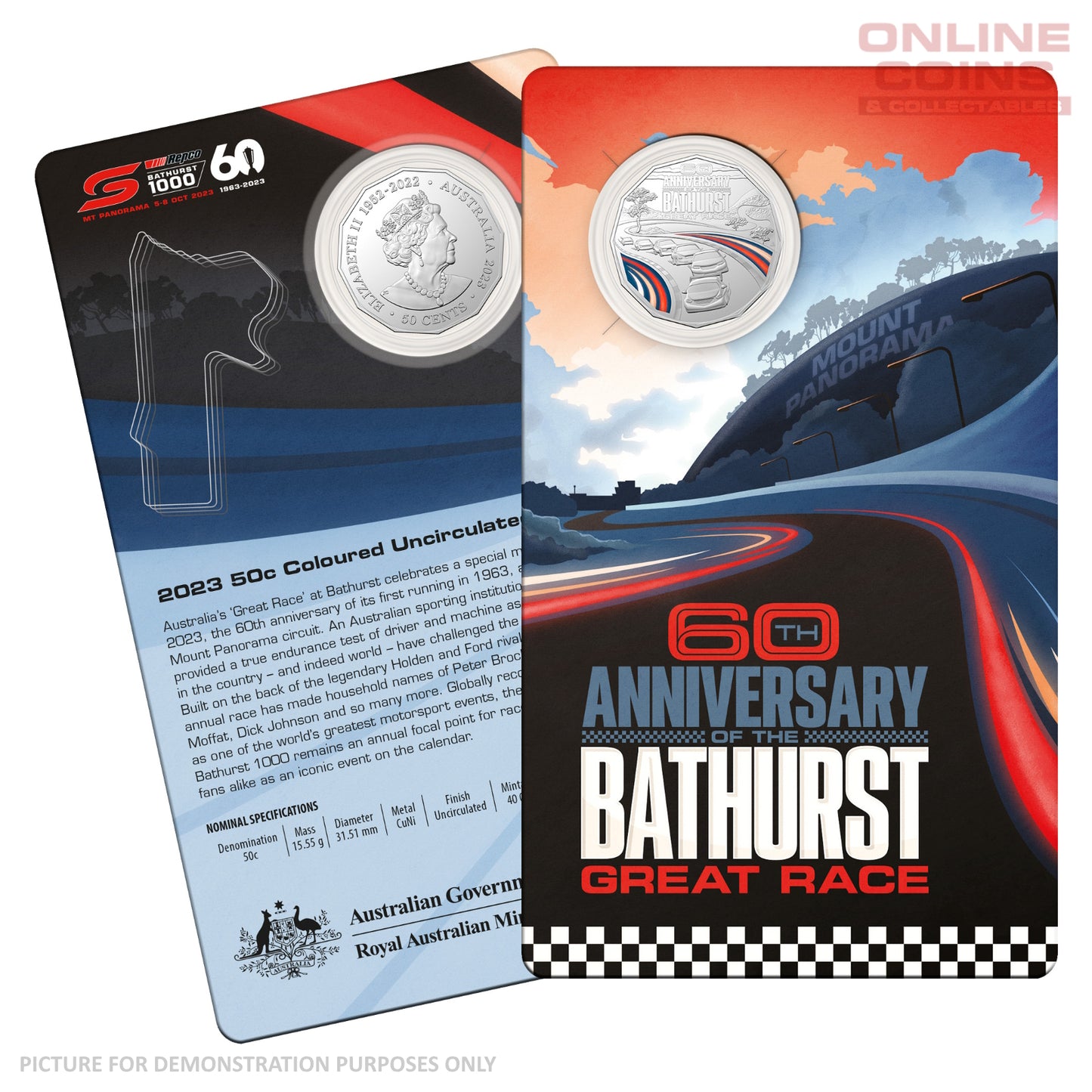 2023 50c AlBr Coloured Uncirculated Carded Coin - 60th Anniversary of the Bathurst