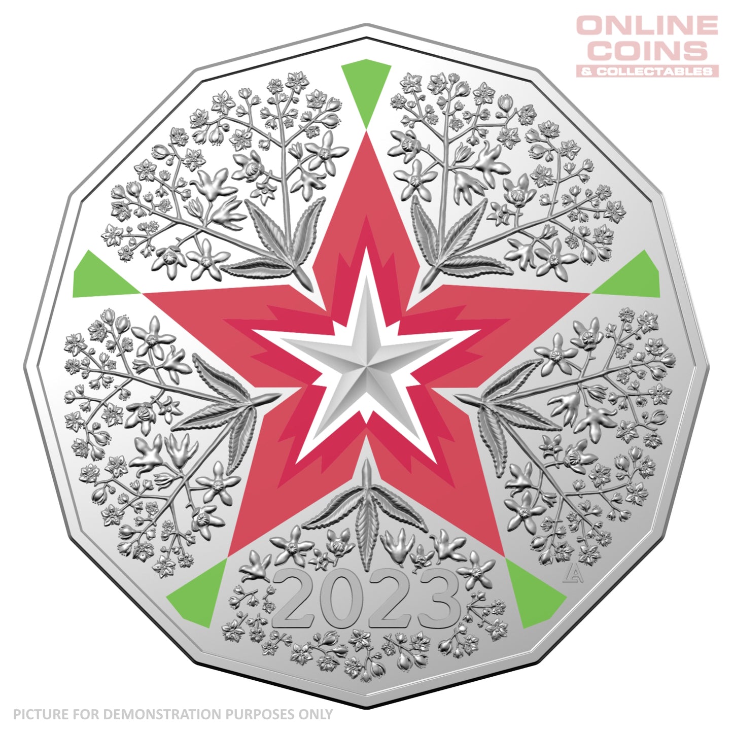 2023 50c CuNi Coloured Uncirculated Carded Coin - Christmas Decoration Festive Floral WHITE