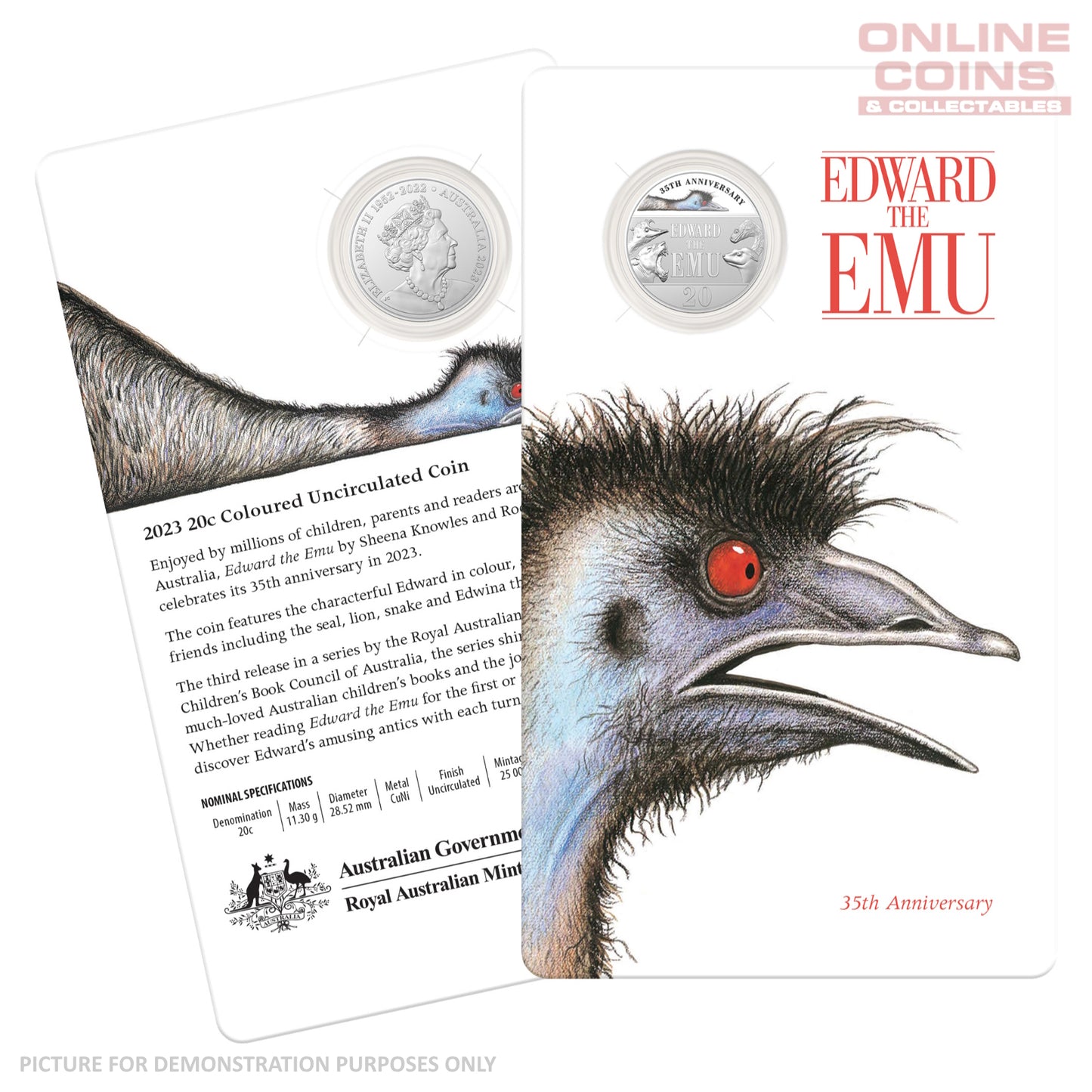 2023 20c CuNi Coloured Uncirculated Carded Coin – 35th anniversary of Edward the Emu