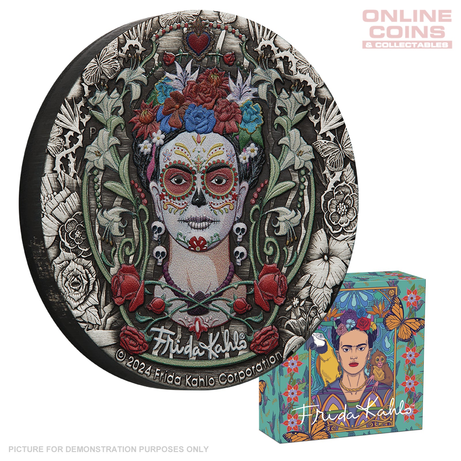 2024 Perth Mint 2oz Silver Antiqued Coloured Coin - Frida Kahlo