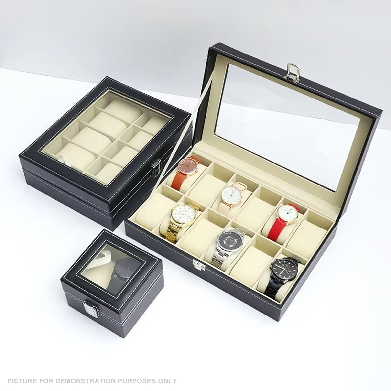 Watch Display Case Organiser with Clear Top, Leather Finish and Soft Lining