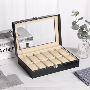 Watch Display Case Organiser with Clear Top, Leather Finish and Soft Lining