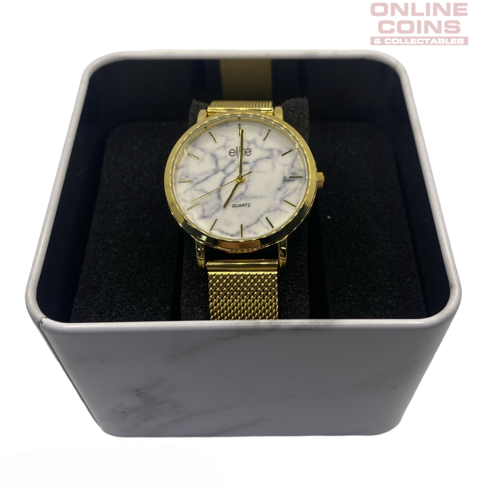 Elite Ladies Gold Tone Marble Dial Mesh Watch