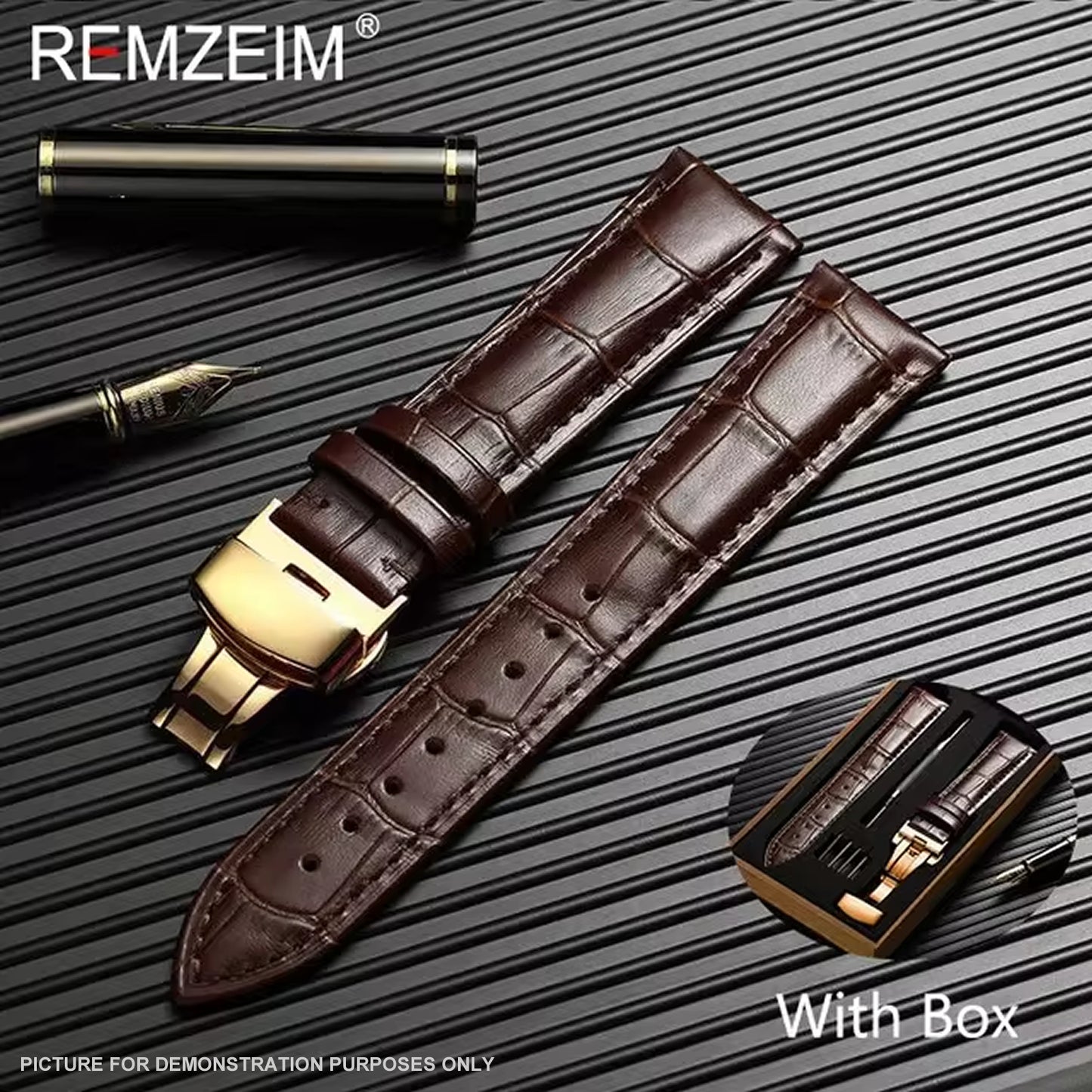 REMZEIM Leather Watchband in BROWN with GOLD Buckle