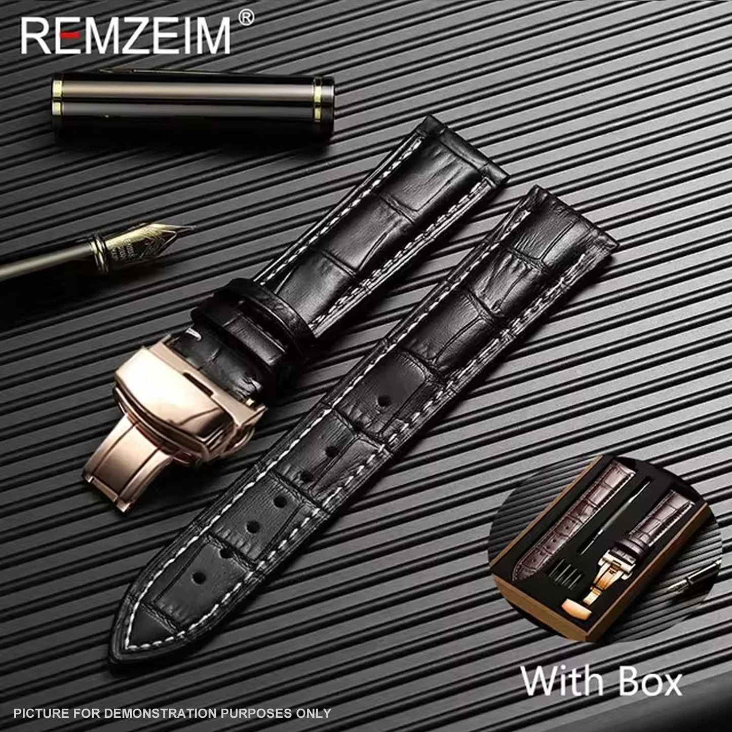 REMZEIM Leather Watchband in BLACK with ROSE GOLD Buckle