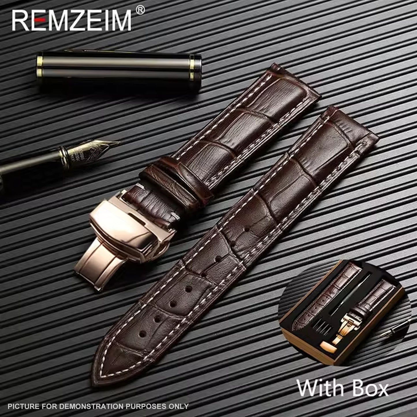 REMZEIM Leather Watchband in BROWN with ROSE GOLD Buckle