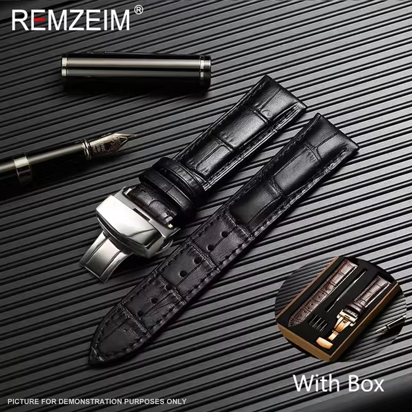 REMZEIM Leather Watchband in BLACK with SILVER Buckle