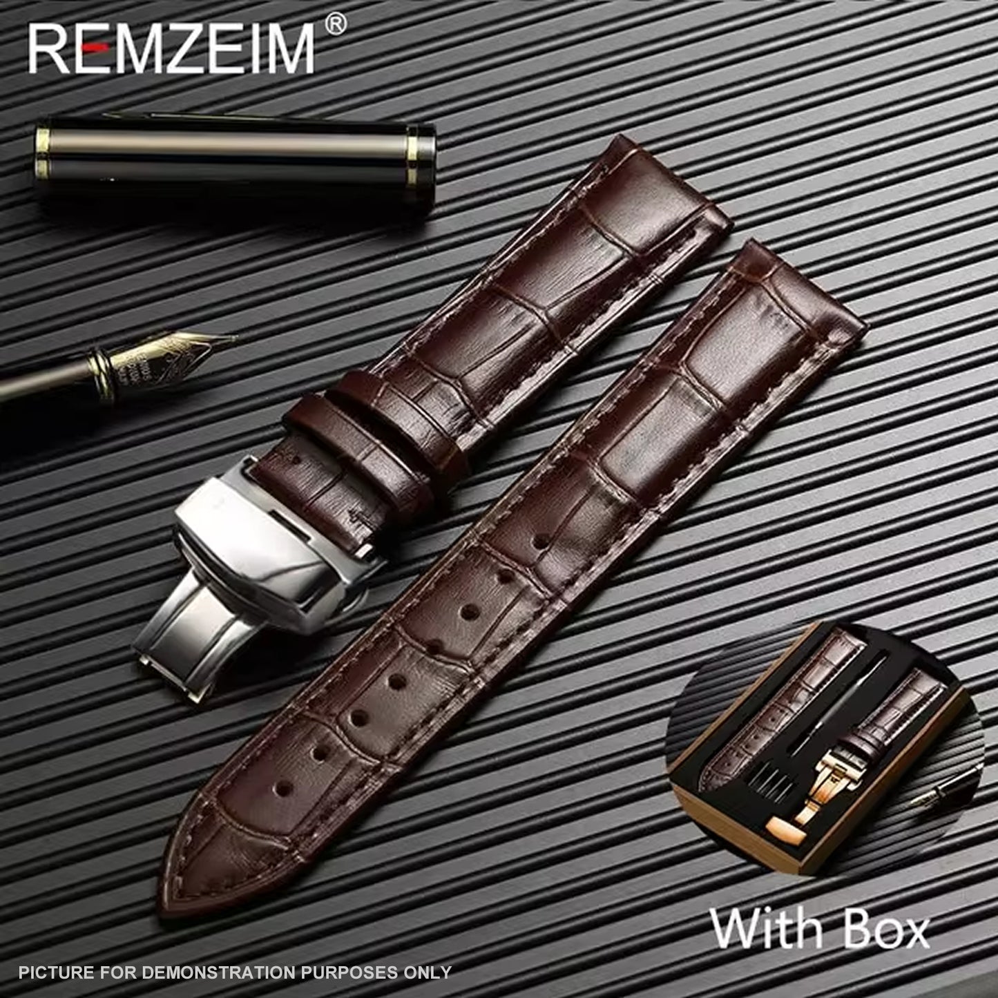 REMZEIM Leather Watchband in BROWN with SILVER Buckle