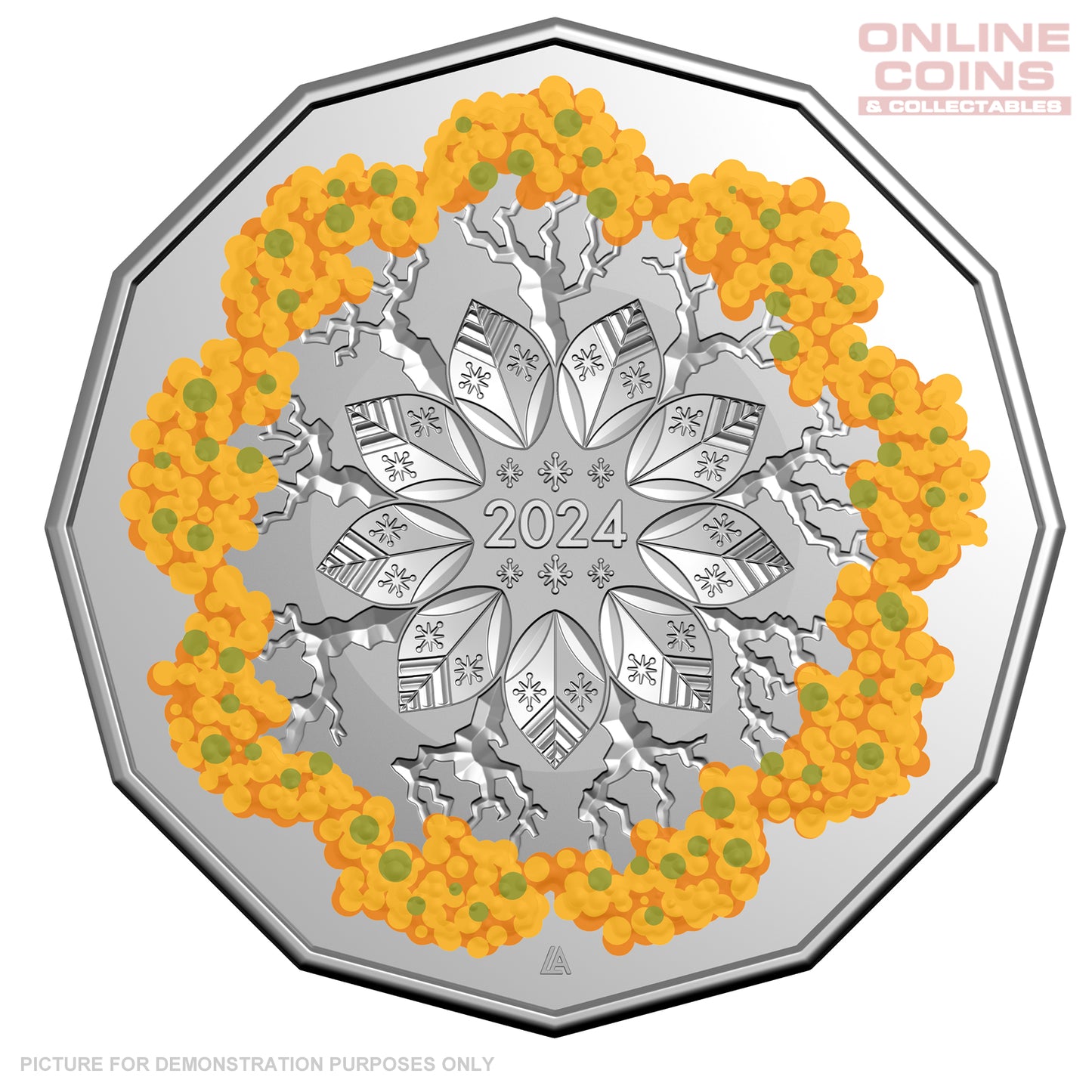 2024 50c CuNi Coloured Uncirculated Carded Coin - Christmas Decoration Festive Floral YELLOW