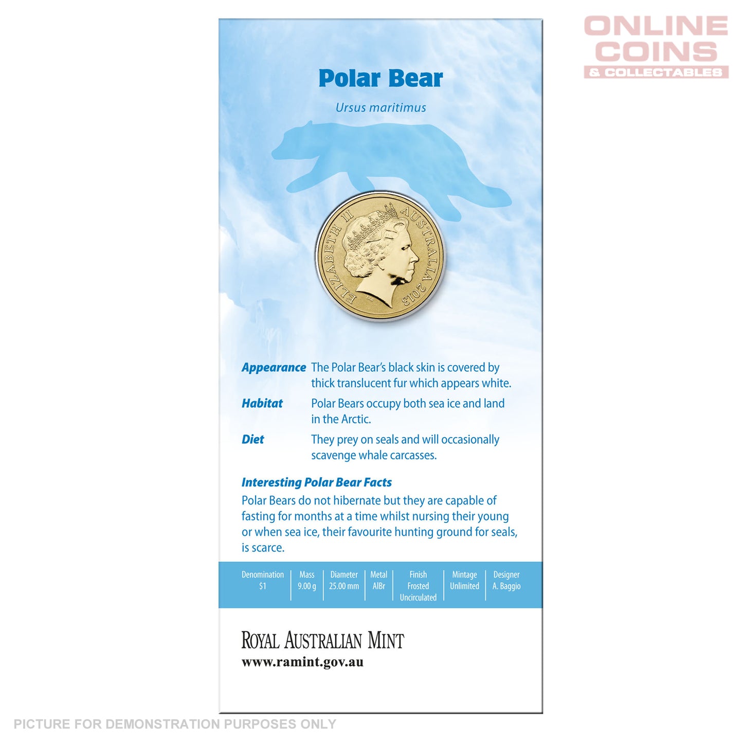 2013 $1 AlBr Uncirculated Carded Coin - Polar Animals Series - Polar Bear