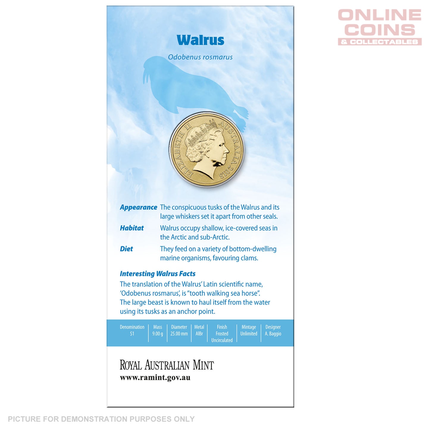 2013 $1 AlBr Uncirculated Carded Coin - Polar Animals Series - Walrus