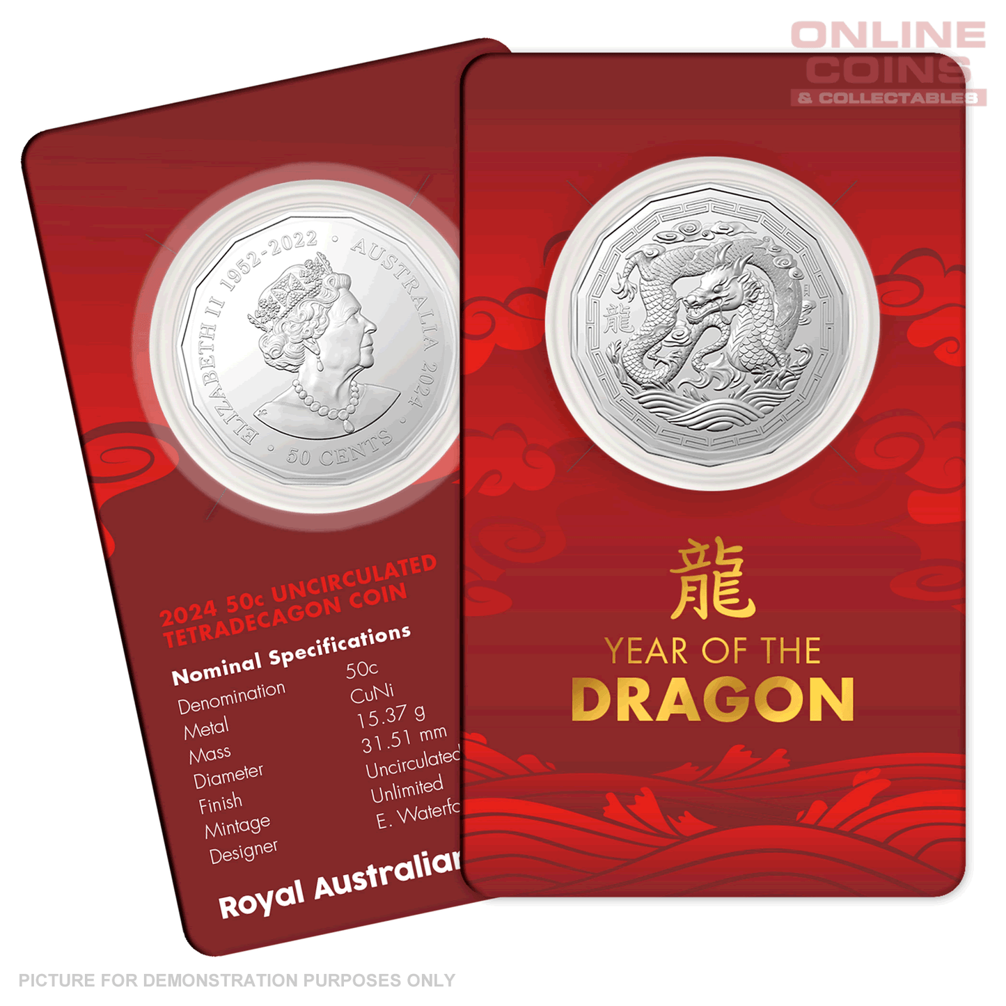 2024 50c CuNi Uncirculated Tetra-Decagon Carded Coin - Lunar Year Of The Dragon